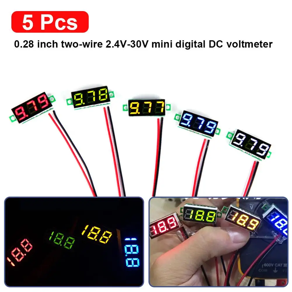 

Auto parts 5pcs Mini Digital DC Voltmeter 0.28 Inch Two-Wire 2.5V-30V Mini Digital DC Voltmeter Voltage Tester Meter 5 Colours