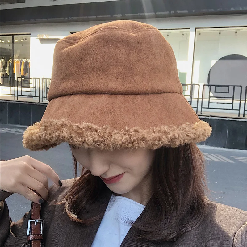 

Women Hat Winter Artificial Fur Warm Plush Female Cap Faux Fur Bucket Hat Wool Fisherman Caps Sunscreen Panama Lady Cap