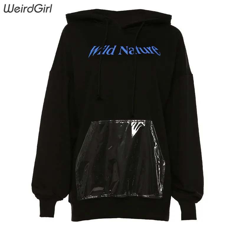 Weirdgirl женские прозрачные карманные толстовки с капюшоном повседневные свободные хлопковые женские свитшоты с буквенным принтом уличная Новинка Осень - Цвет: Черный