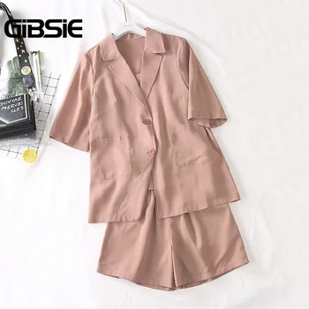 

GIBSIE Plus Size Korean Women Three Piece Set Blazer Coat and Cami Top with Shorts Elegant Office Lady Casual Summer 3pcs Set
