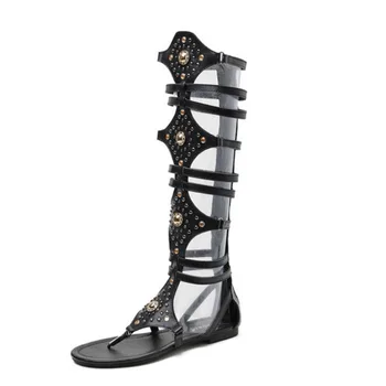 

2020 New Designer Summer Women Cool Boots Clip Toe Open Toe Flat Bottom Knee High Shoes Woman Zipper Tall Rivet Roman Sandals