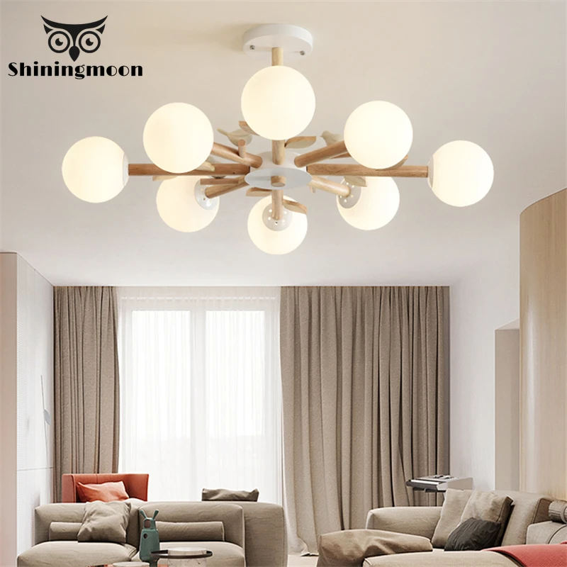 

Nordic Glass Wood Chandelier Lighting Modern Minimalist Led Ceiling Chandelier for Living Room Bedroom Home Decor Light Fixtures