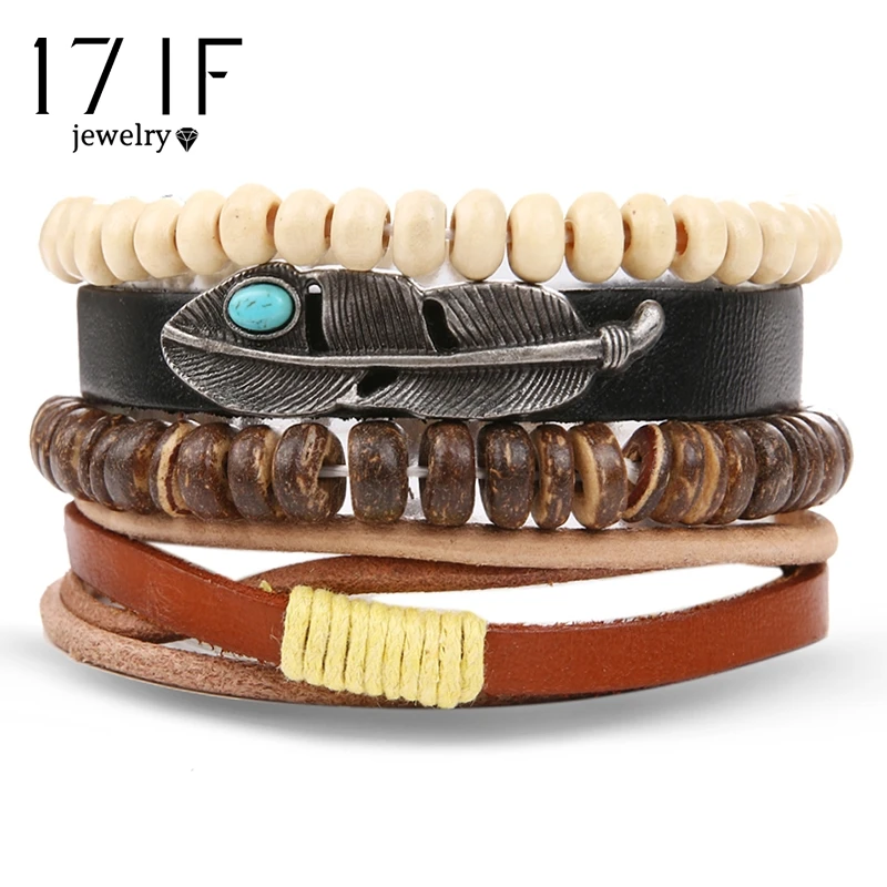 

17 IF Stone On Leaf Vintage Multi-Layer Leather Bracelet Men'S Classic Rope Chain Charm Bracelet Men'S Jewelry Gift