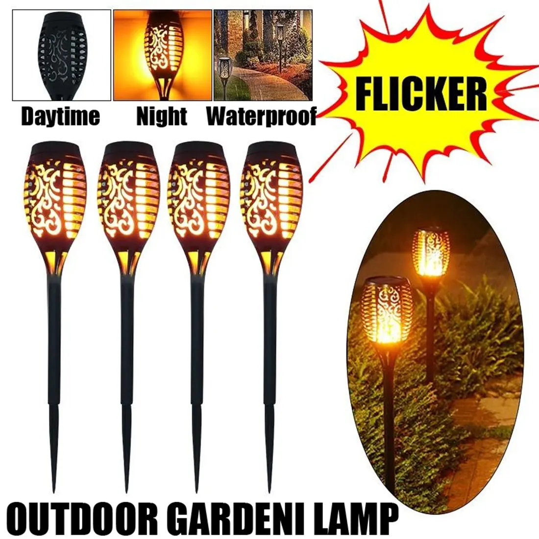 

4Pcs Solar Flame Lamp 96 LED Flickering Waterproof Garden Flicker Lights Landscape Decoration Lawn Light Torch Outdoor Spotlight
