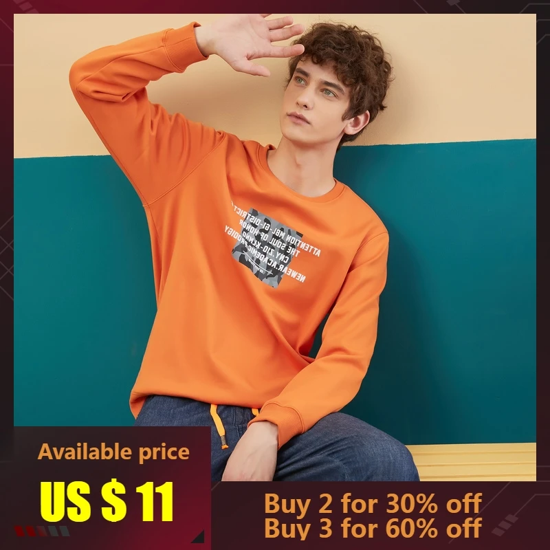 

Metersbonwe Men Hoodies Long Sleeve Sweatshirt 2019 New Spring Autumn Men Solid Color Letter Print O-Neck Loose Hoodies