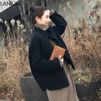 

Winter Wool Women Coats Jackets Plaid Pockets Blends Office Work Long Coats Women Lady Slim Lapel Long Sleeve Blends mujer P223