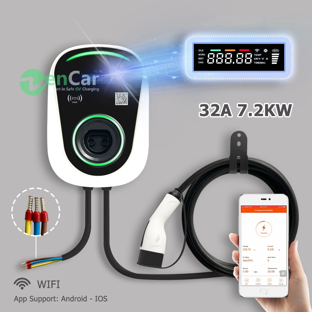 1Phase EV Charging Station Cable 32A Electric Car Charger With Type 2 Plug 7.2kw EVSE IEC 62196-2 Standard APP version