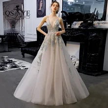 QSYYE2019 Длинные платья выпускного вечера тюль v-образным вырезом Спагетти ремень спинки Аппликации украшенное бисером с длиной до пола формальное вечернее платье вечерние платья