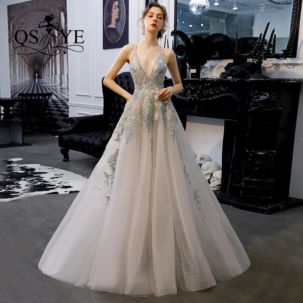 QSYYE2019 Long Prom Dresses tulle v-neck spaghetti strap backless appliques Beading Floor Length Formal Evening Dress Party Gown