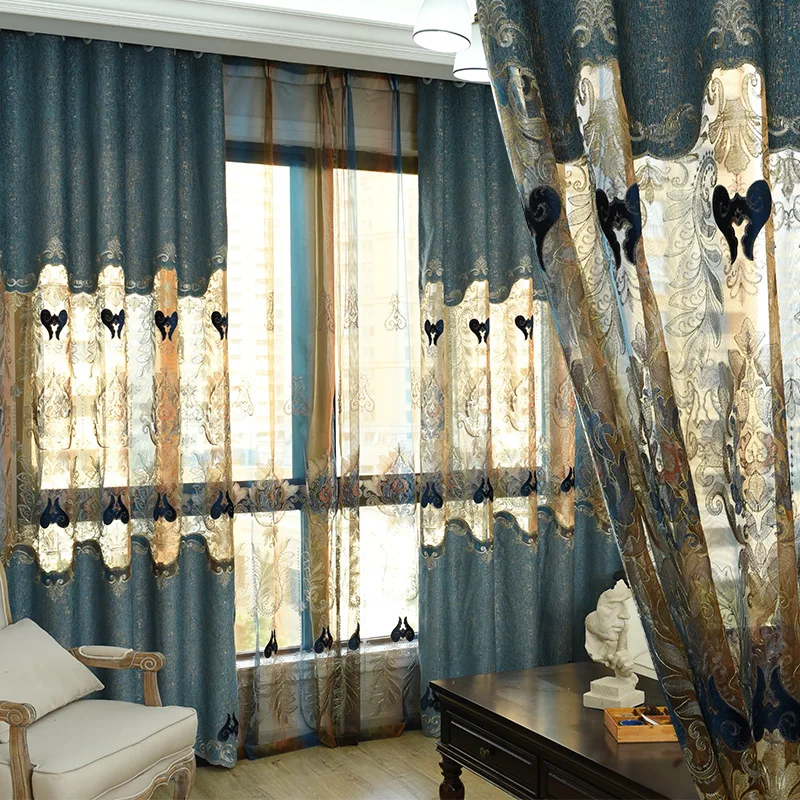 

Custom curtains ash blue modern luxury European thick velvet embroidery cloth blackout curtain tulle panel