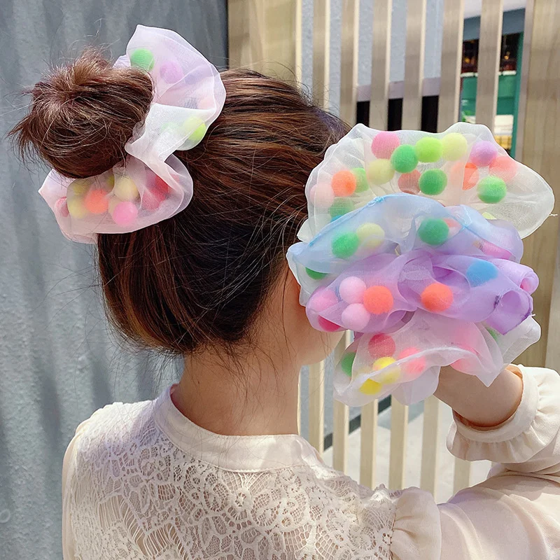 Women'S Large Intestine Hair Bands Cotton Candy Color Wool Ball Seersucker Girl'S Circle Rope Accessories |
