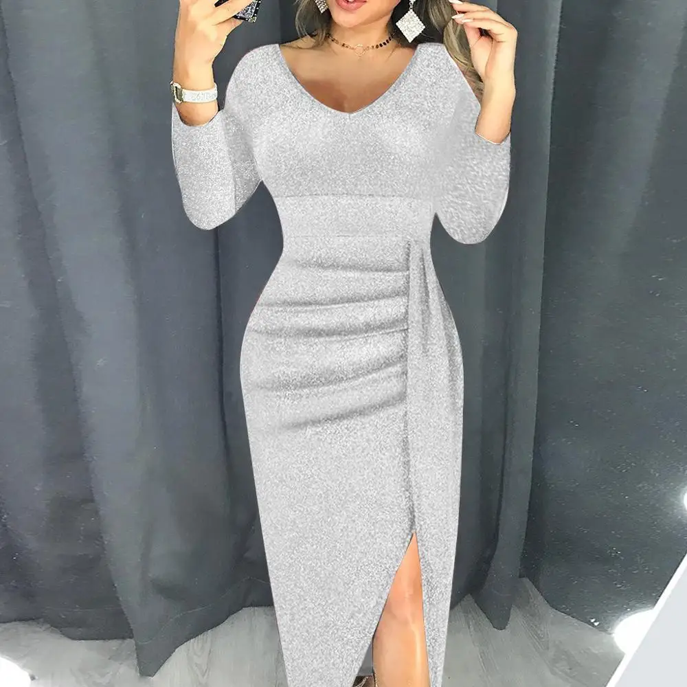 Lady Sexy High Slit Silk Shiny Party Dress Women Autumn Three Quarter Sleeve Bodycon Dress Elegant V-neck Slim club long Dress