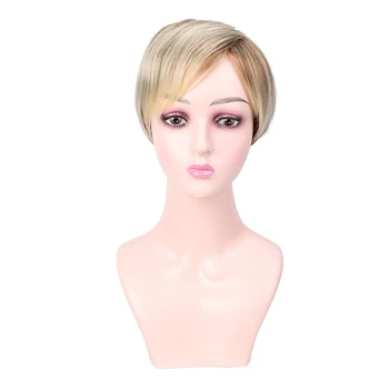 

Short Straight Synthetic Wigs 8 Inch Natural Mix Color Wig Left-Side Bang African American Wigs