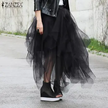 

ZANZEA Fashion Tulle Mesh Skirt 2020 Spring Summer Skirts Womens Elastic High Waist Long Pleated Tutu Skirt Female Jupe Vestido