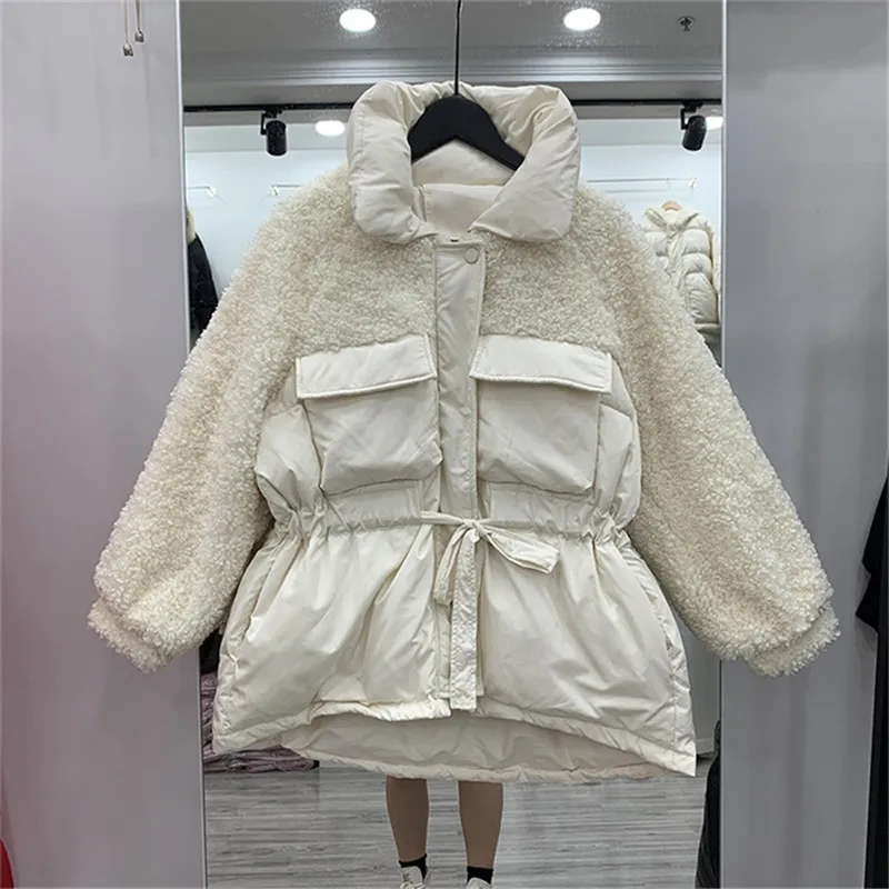 Зимнее женское пальто, лоскутные куртки, настоящая овечья шерсть, 90% белый утиный пух, пальто с завязками на талии