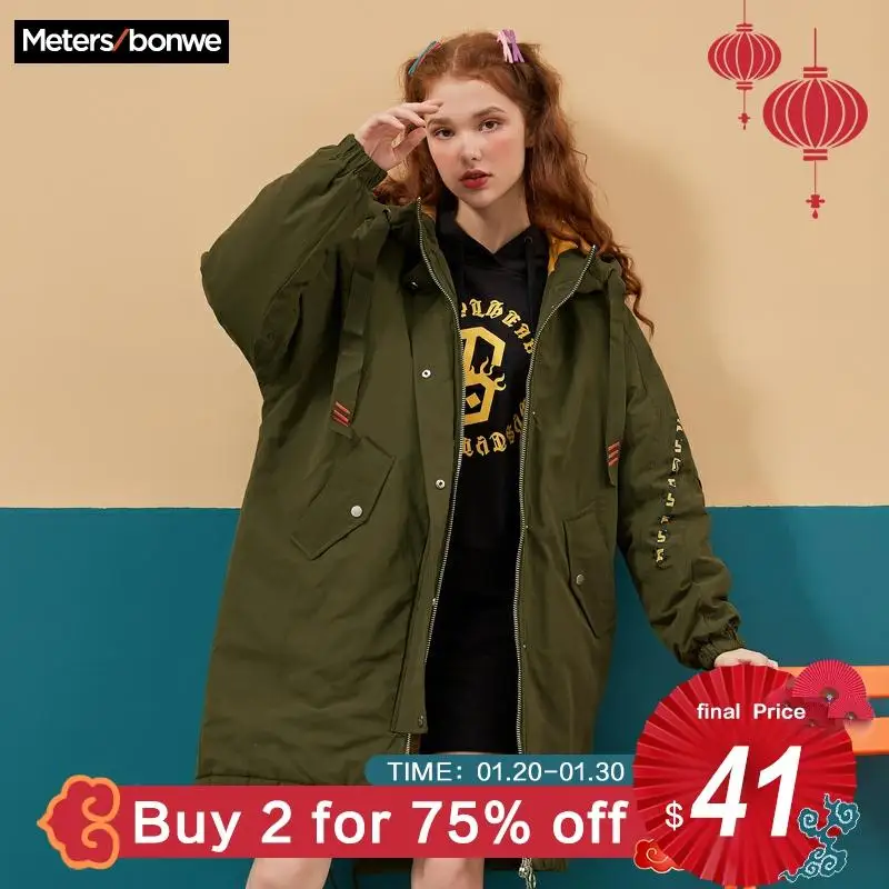 Metersbonwe 2019 Spring Winter Women's Cotton Padded Coat Slim Hooded Parkas Female Outwear Warm Long Clothing |