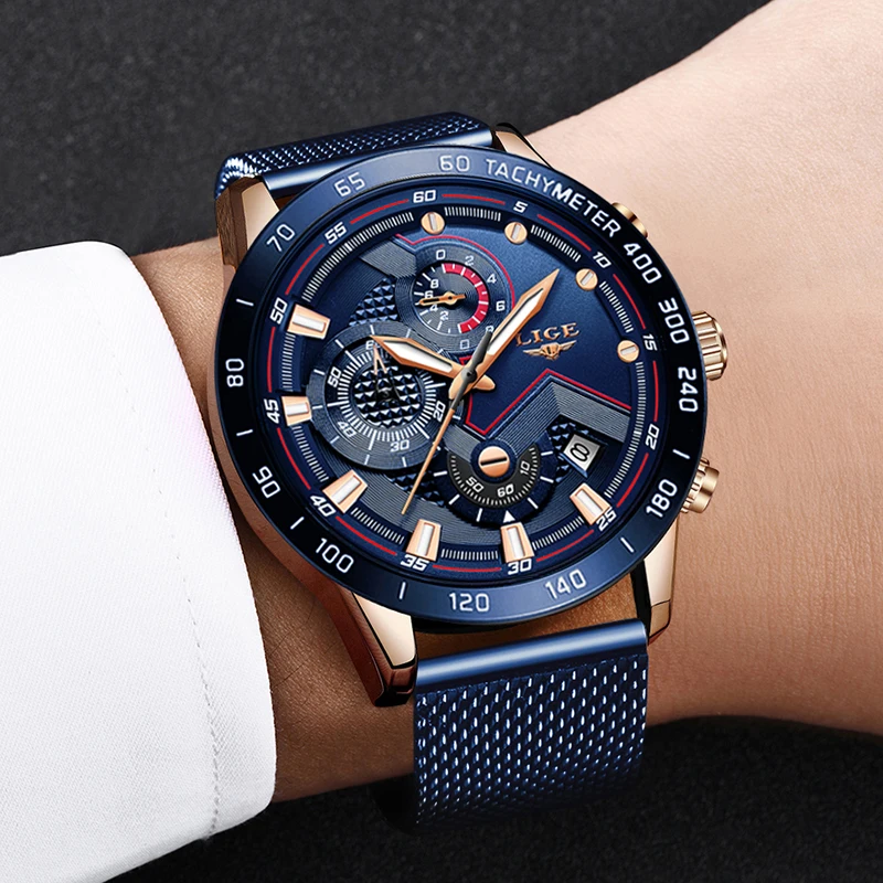 LIGE синий полный стальной сетчатый ремень деловые часы мужские часы лучший бренд класса люкс Модные Кварцевые Золотые часы Relogio Masculino