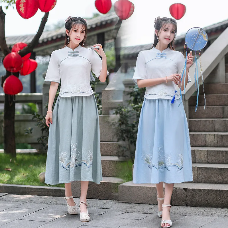 

2019 New Style Retro the Republic of China-Style Cotton Linen Embroidered Improved Cheongsam Tops + Embroidery Skirt Two-Piece S