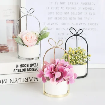 

INS Ceramic Decoration Vase Nordic Creative Golden Iron Frame Hydroponic Flowerpots Crafts Exquisite Home Desktop Ornaments