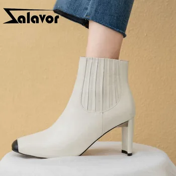 

ZALAVOR Women Genuine Leather Chelsea Boots Solid Color Office Ladies Thin High Heels Shoes Women Botas Footwear Size 33-42