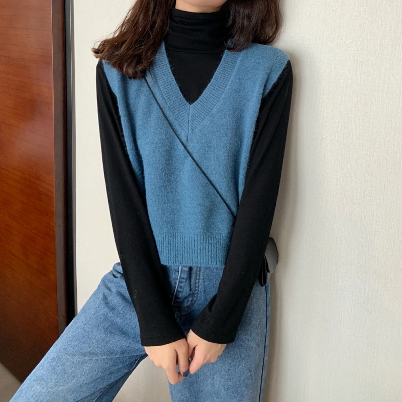 Korean Style Soild Color Women Sweater Vest Short Paragraph Loose Sweater Women's Autumn Wear New Wild Female Sweater Vest