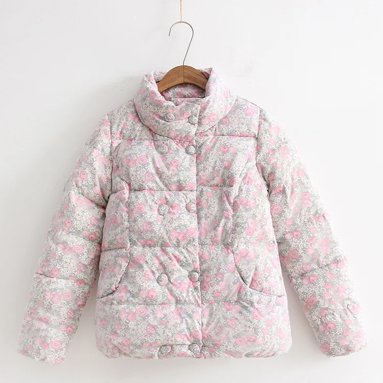 

2017 Winter New Arrival Floral Print Stand Collar Versatile Long Sleeve Warm Soft Cotton-padded Clothes