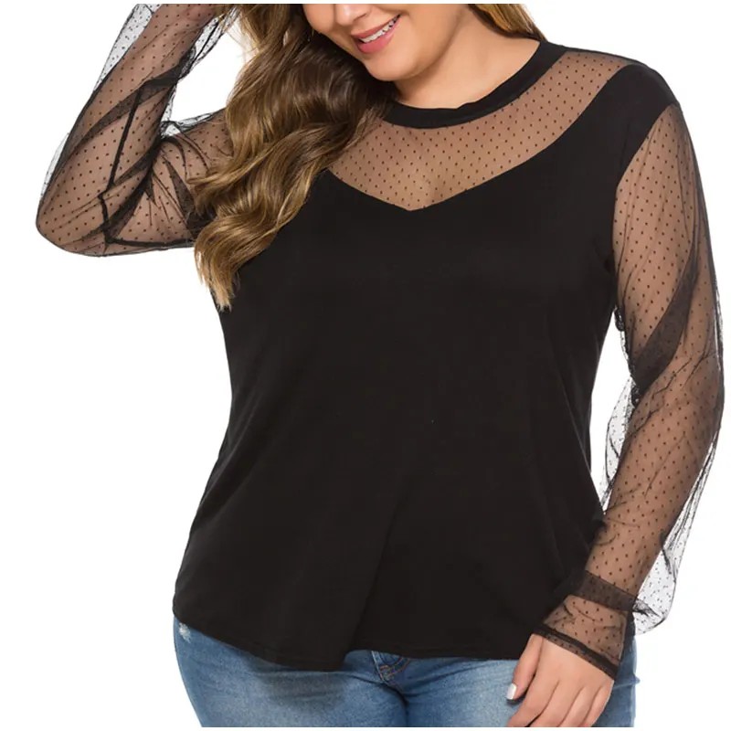 Прозрачная блузка в горошек размера плюс, 3XL 4XL, женские сексуальные черные топы с круглым вырезом и длинным рукавом, женские блузки