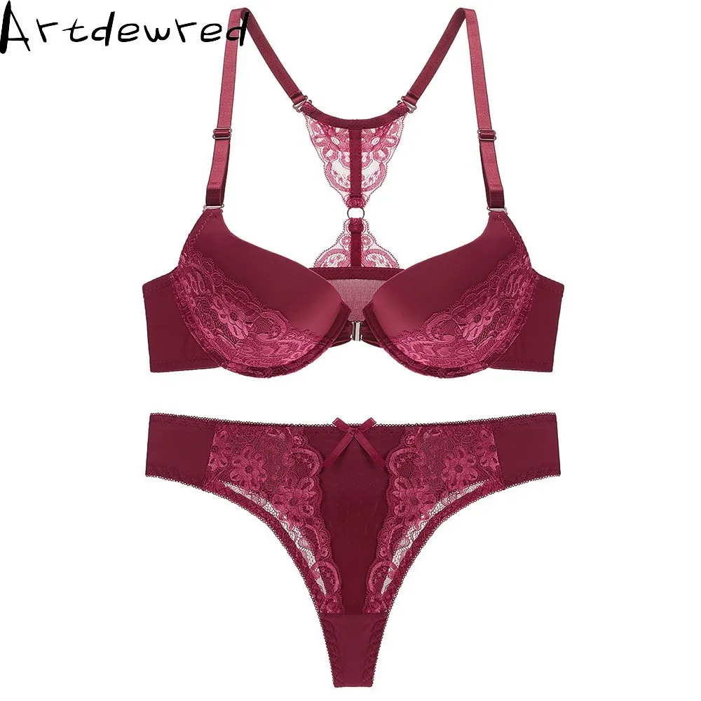 Women' Sexy Floral Lace Front Closure Underwear Y-line Straps Bra Sets Plus Size Bra and Thong Set For Lady bra and thong set Bra & Brief Sets