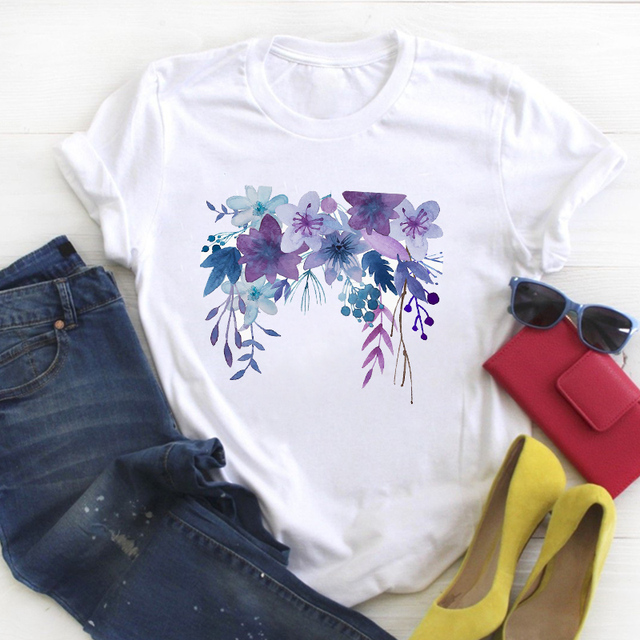 Flower Floral Book Cute Print Short Sleeve Ladies Summer T Tee Female Top Shirt Clothes Tshirt Womens Graphic T-shirt