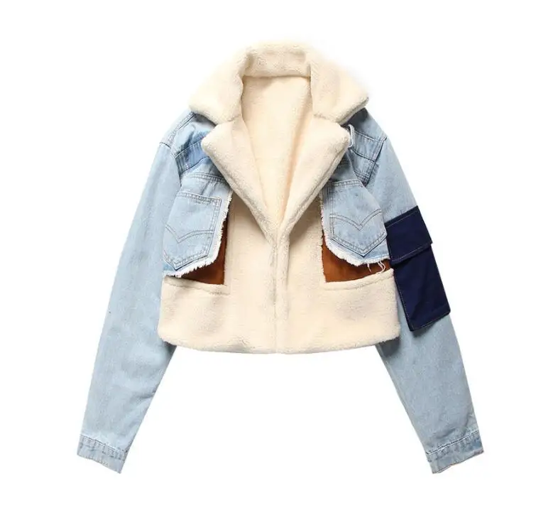 Deerskin джинсовая Лоскутная куртка 19 зимнее пальто стиль мотоциклетная куртка с утолщенной внутренней подкладкой для женщин