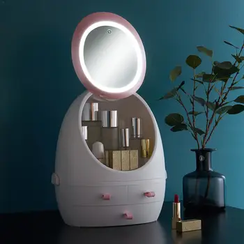 

USB Rechargeable Makeup Organizer Cosmetic Storage Box Portable Jewelry Container Dust Proof Drawer Waterproof Mirror LED Light