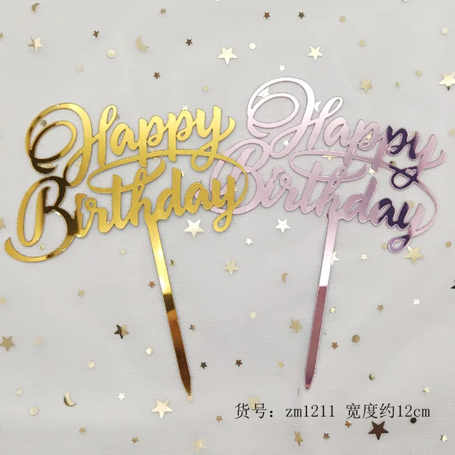 Topper Torta Happy Birthday In Acrilico Oro - 3 Pezzi, Con Farfalla