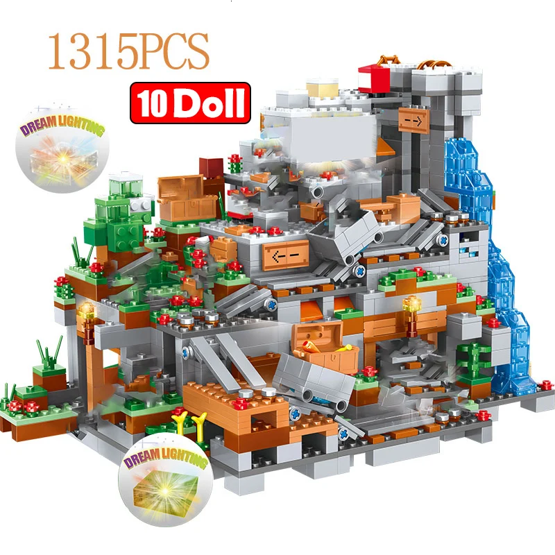 

1315PCS My World Building Mountain Cave Building Blocks Compatible LegoIingly Figures Module Bricks Toys Educational DIY Toy