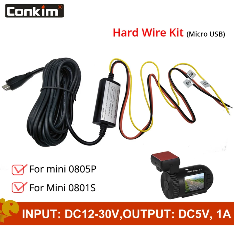 Автомобильный видеорегистратор Conkim с Micro USB 12 в пост. Тока до 5 В|hard wire kit|hard wirehardwire