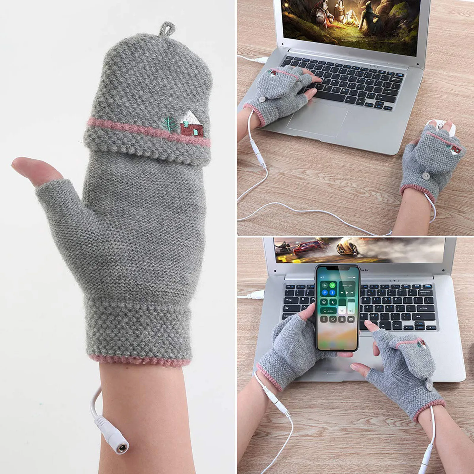 2020 New Laptop Women Men USB Heated Mitten Full&Half Finger Winter Warm Knit Hand Gloves
