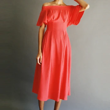 

ZA 2020 Pleated Rustic Dress Women Wide Elasticized Neckline Short Sleeves Midi Summer Dresses Back Elastic Smocking Party Dress