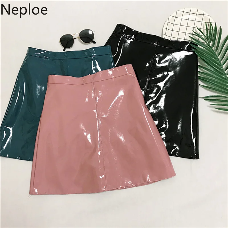 

Neploe Korean Irregular High Waist Glossy Patent Leather Skirt Skinny Hip A Line Solid Jupe Feminino Autumn Short Skirts 45886