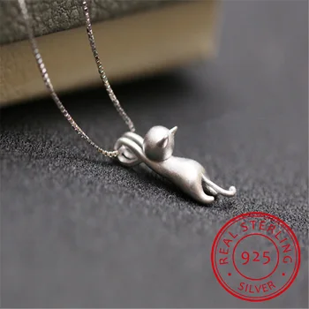 

925 Sterling Silver Necklaces Cats Pendants&Necklaces Pure Sterling Silver 925 Kitty Necklace Jewelry Collar Colar de Plata