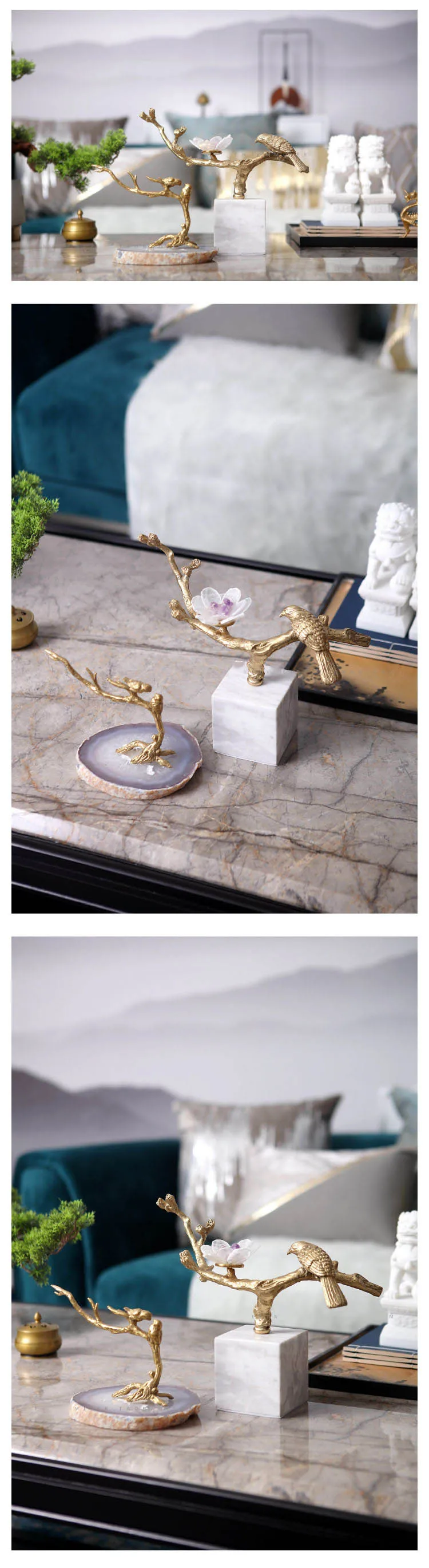 Modern Golden Bird Standing On A Branch Copper Desktop Ornaments Creative For Office Home Decorations Agate Stone Crafts Gift