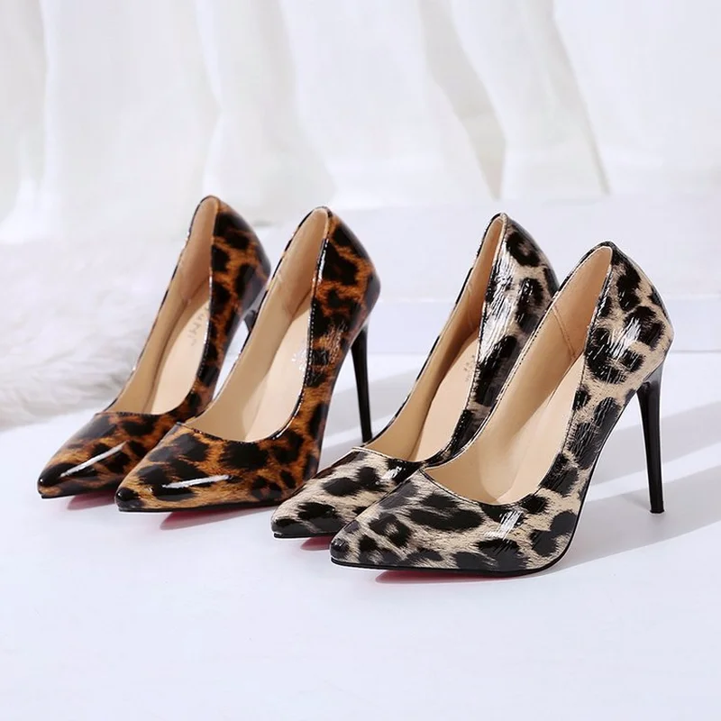 

New High Heels Shoes For Women Leopard Patent Pointed Toe 11.5cm Thin Heel Slip-on Sexy Pumps Female Party Dress Shoes K1-66