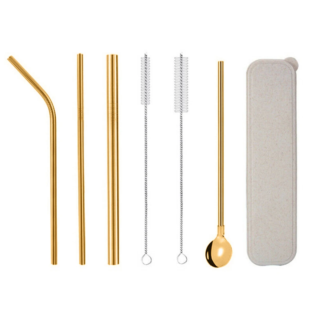 4Pcs Reusable Bent Straight Drinking Straws Stainless Steel Party Bar Accessory