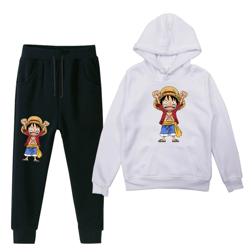 ONE PIECE Luffy 2pcs Boys Girls Clothes Suit Children Winter Whiter Hoodies And Pants Kids Plus Velvet Warm Jogging Suit - Цвет: 011