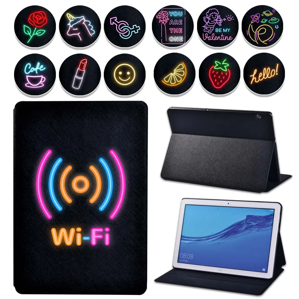 

For Huawei MediaPad T5 10 10.1/MediaPad T3 8/MediaPad T3 10 9.6 Inch Foldable Flip Tablet Case neon Pattern Series + Free Stlyus