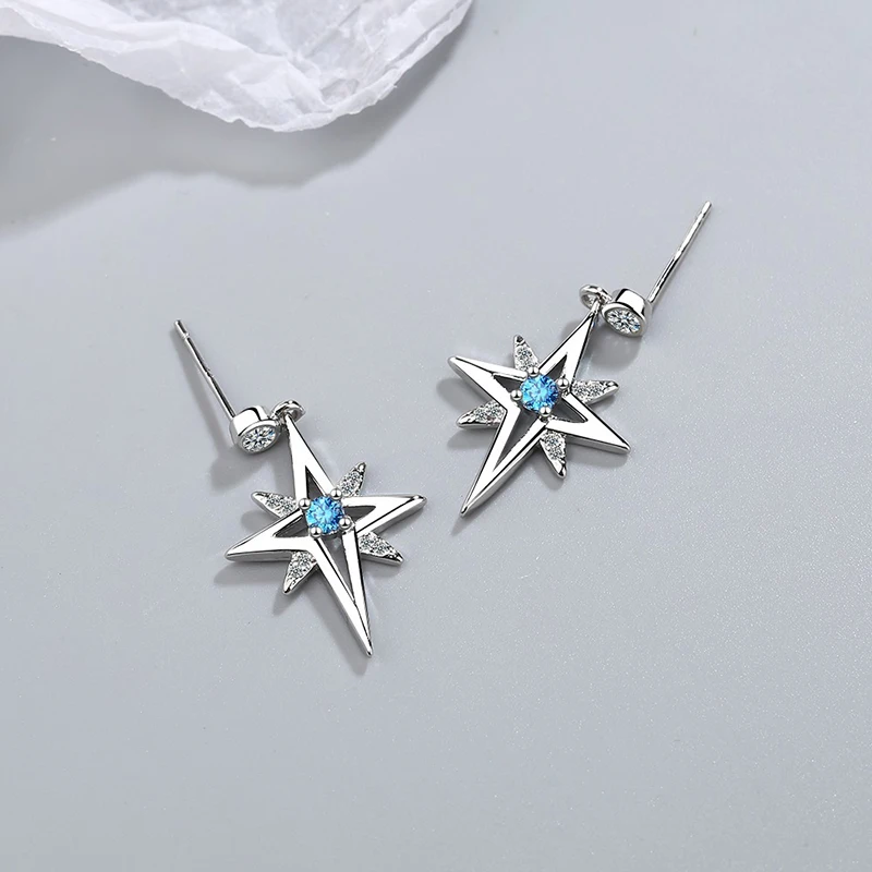 New Fashion Star Drop Earrings For Women Blue Cubic Zircon Flash Geometric Dangle Earring Stud Piercing Jewelry Party Accessory