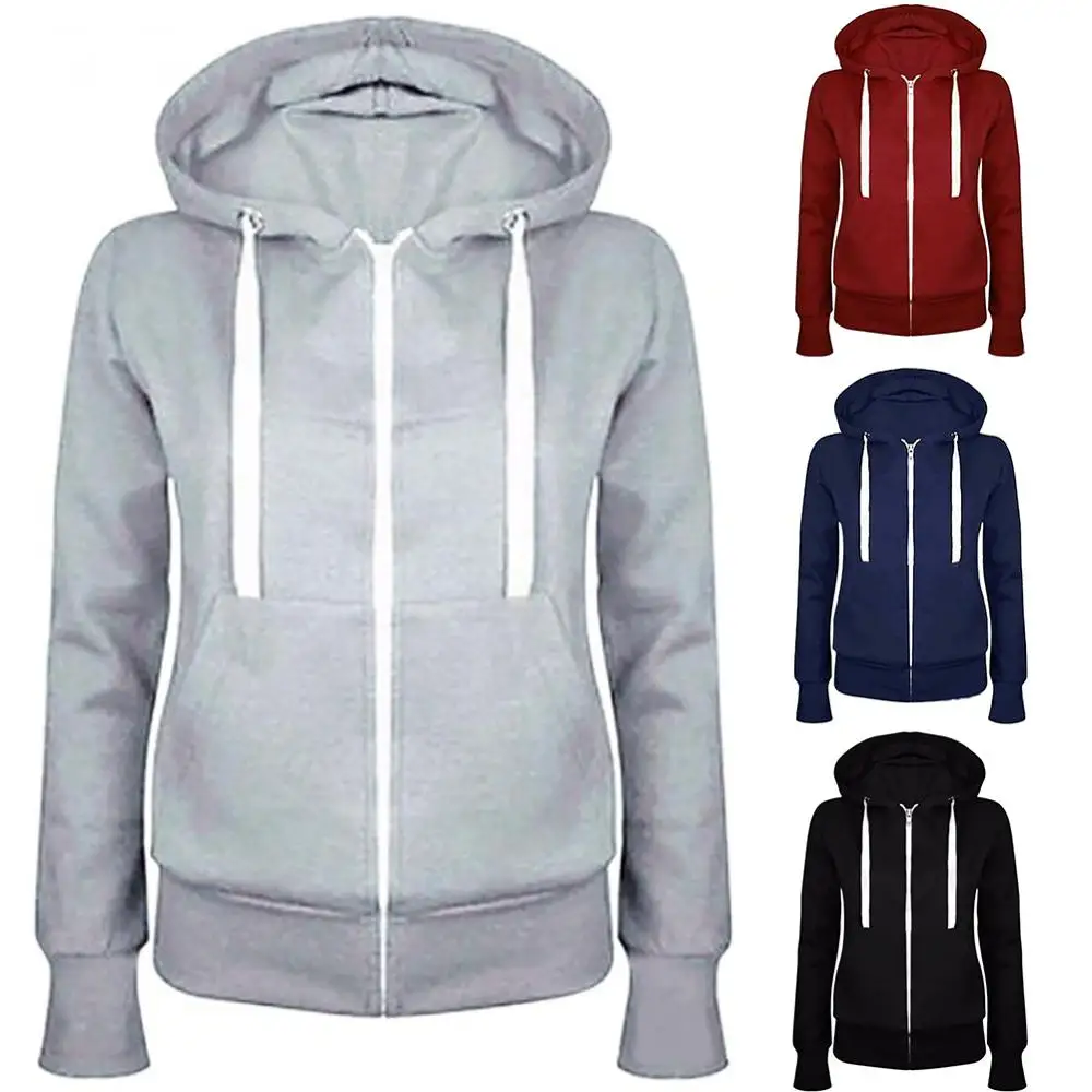 Модные Женские однотонные толстовки на молнии свитшот с капюшоном пальто