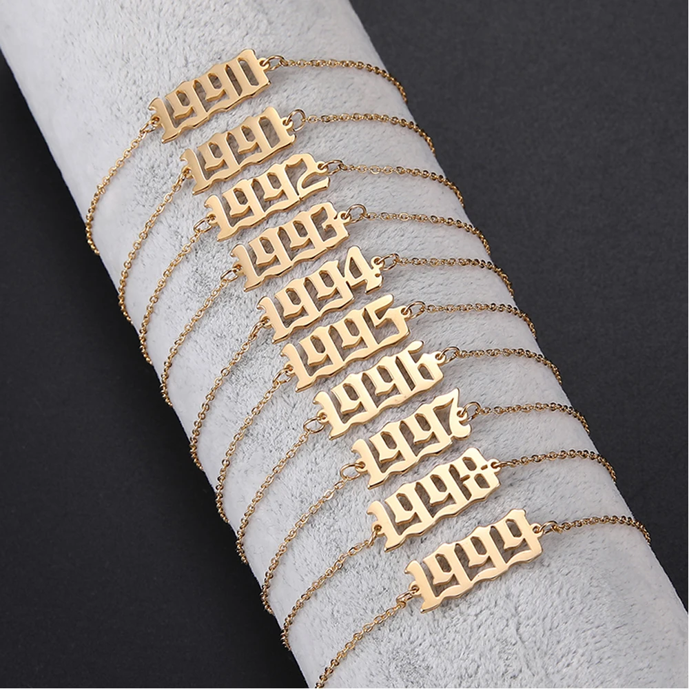 Skyrim-pulsera de eslabones con número de nacimiento para mujer, brazalete de acero inoxidable, cadena de Color dorado, joyería de moda, 1980 a 2020