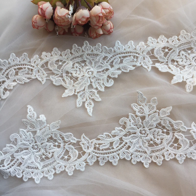 10.7" Ivory Bridal Embroidered Lace Trimming Corded Lace Trim Edging by the Yard