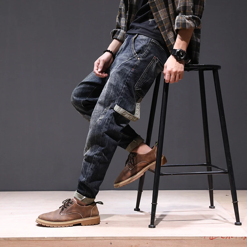 Новое поступление модных женских сапог джинсовые штаны-шаровары на осень Для мужчин карманы дизайнер свободный покрой конические мото джинсы Повседневное джинсовые штаны длинные брюки 40