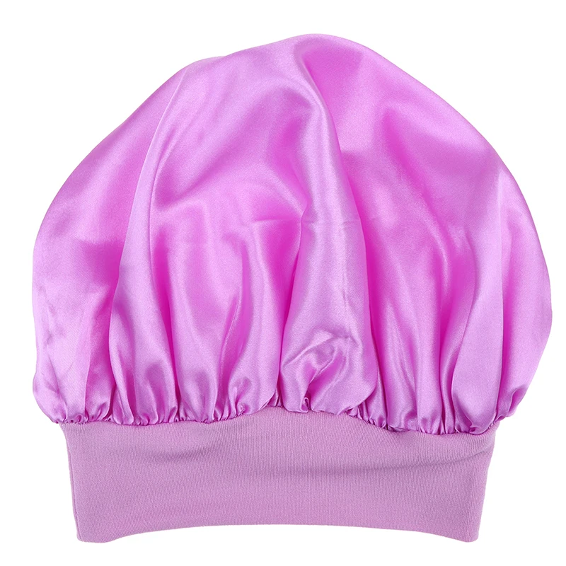 Purple 1pcs Fashion New 58cm Solid Color Women Satin Bonnet Cap Night Sleep Hat Adjust Shower Caps - Цвет: Purple