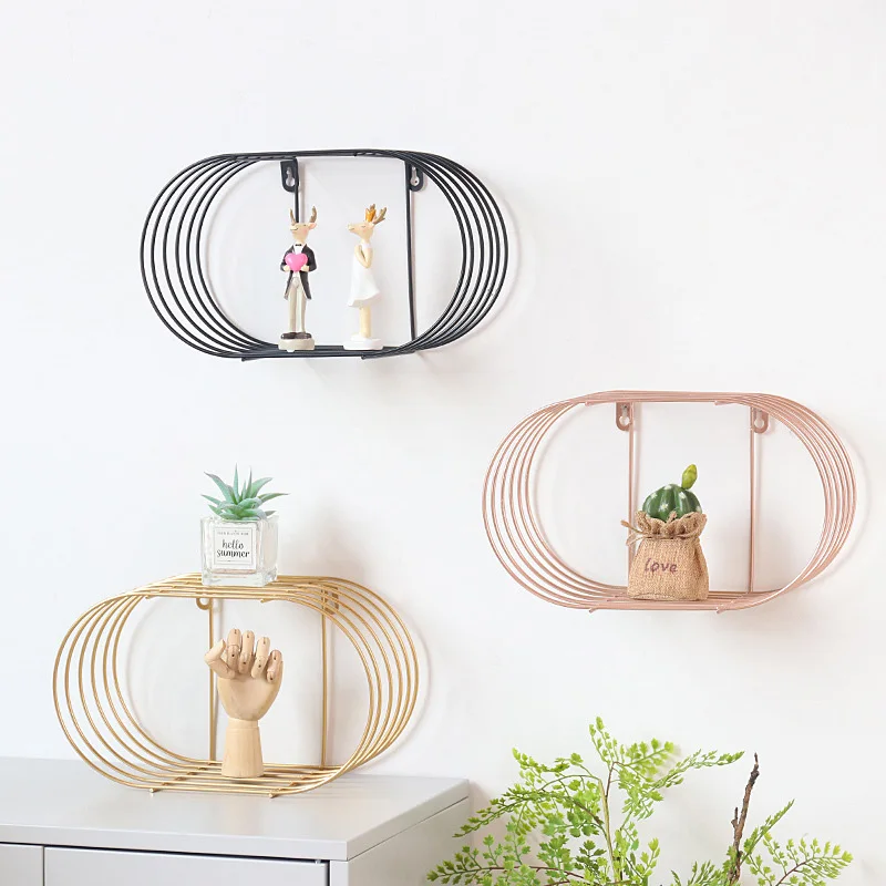 

Nordic Oval Iron Shelf Home Decoration Figurines Hanging Rack Wall Storage Holder Rose Gold Furnishing Crafts Living Room Decor